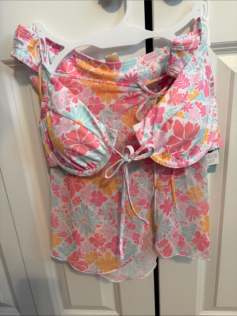 Floral Tie-Front Tankini Top in Pink & Coral